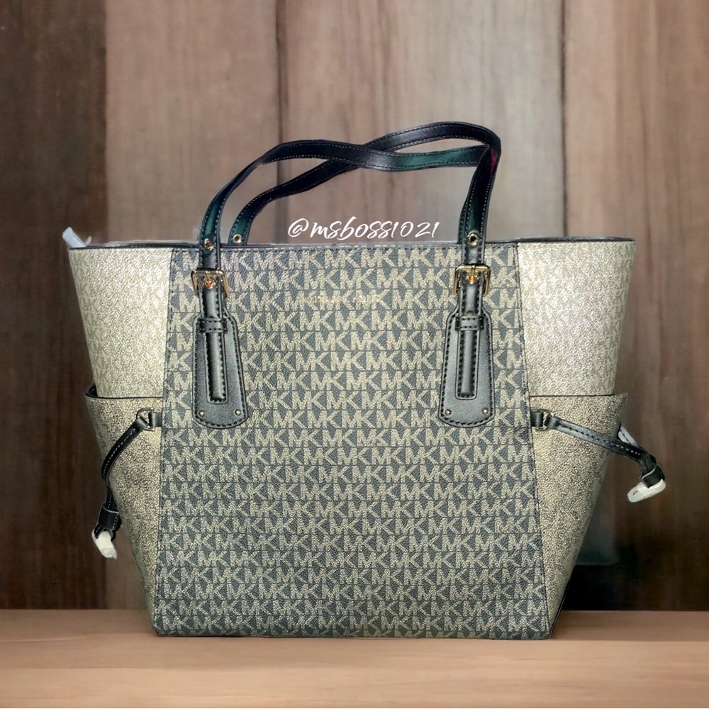 Michael Kors RARE Voyager East West Signature Tote+Wallet+Wristlet in Black/Gold - Picture 4 of 14